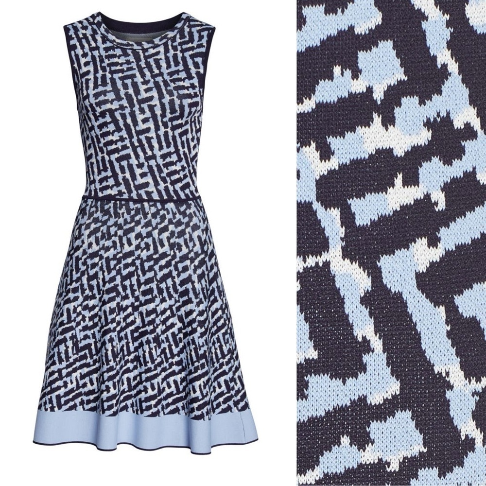 Eliza J Blue Abstract Sweater Knit Dress Aline Preppy Formal Victorian Petite M